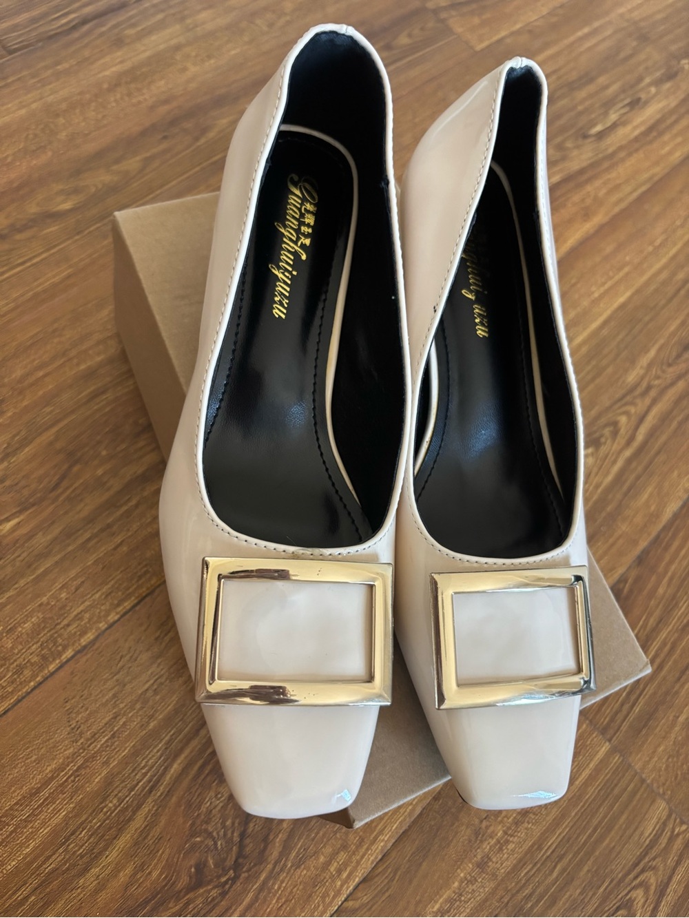 Patent Beige Square-Toe Pumps with Gold Accent Buckle